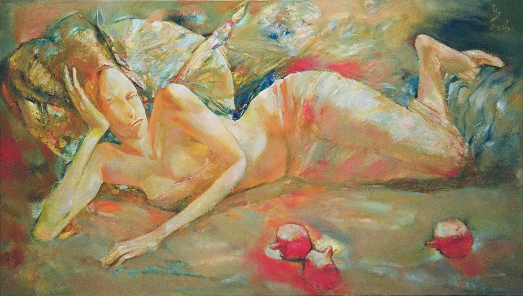 В. Яичников. Девушка с гранатами, холст, масло, 2006, 80×140